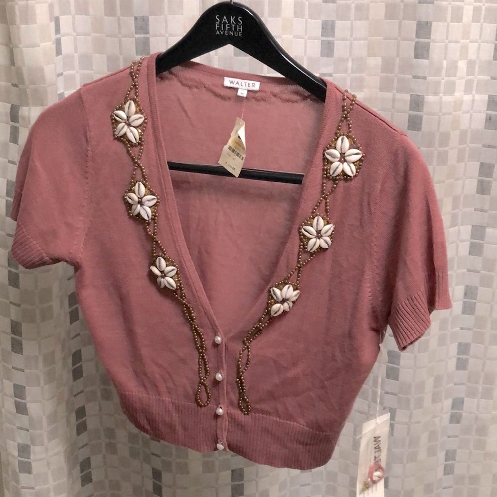 NWT Walter cropped cardigan shell/bead appliqué